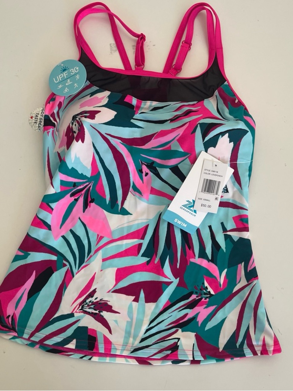 ZEROXPOSUR Swimwear Women Tropical Floral Print UPF 30 Tankini Swim Top Size XS